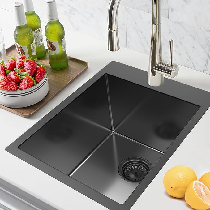 15x20 Inch Black Drop In Bar Sink, 18 Gauge T-304 Stainless Steel Single Bowl Topmount Sink with Grid & Drain, Black for Home/RV/Office