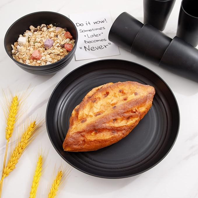 Supernal Wheat Straw Dinnerware Sets,Plates and Bowls Set, Dish Sets for 8, Unbreakable Plate for 8 Dishwasher Safe,Reusable Dinnerware Black-16pcs Plates, 8pcs Bowls, 8pcs Cups.