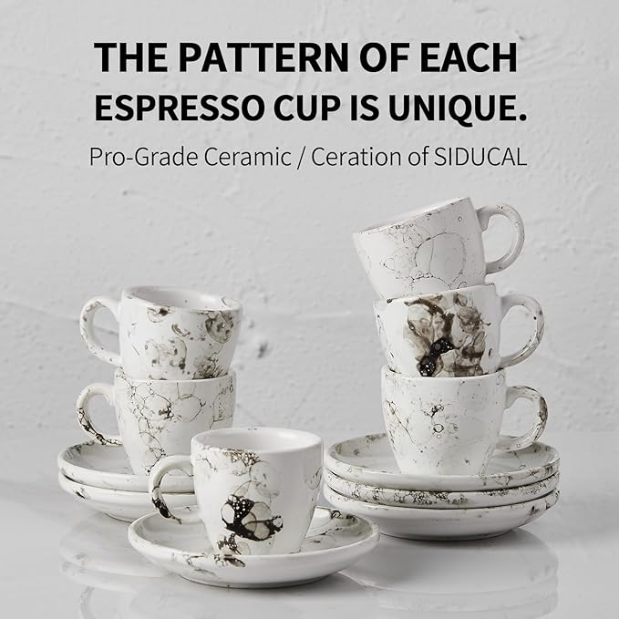SIDUCAL Espresso Cups Set of 6,2 Ounce Ceramic Coffee Cups with Saucers,Porcelain Double Espresso Shot Cup Set,Gift Box for Boyfriend Gift(White)