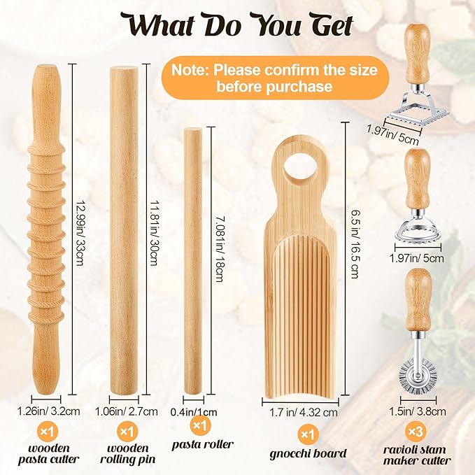 Tioncy 7 Pcs Pasta Making Tool Set Wood Gnocchi Board with Ravioli Stamp Ravioli Maker and Rolling Pin Homemade Gnocco Maker Kitchen Gift for Christmas Baking Lovers(Curved Gnocchi Board Set)