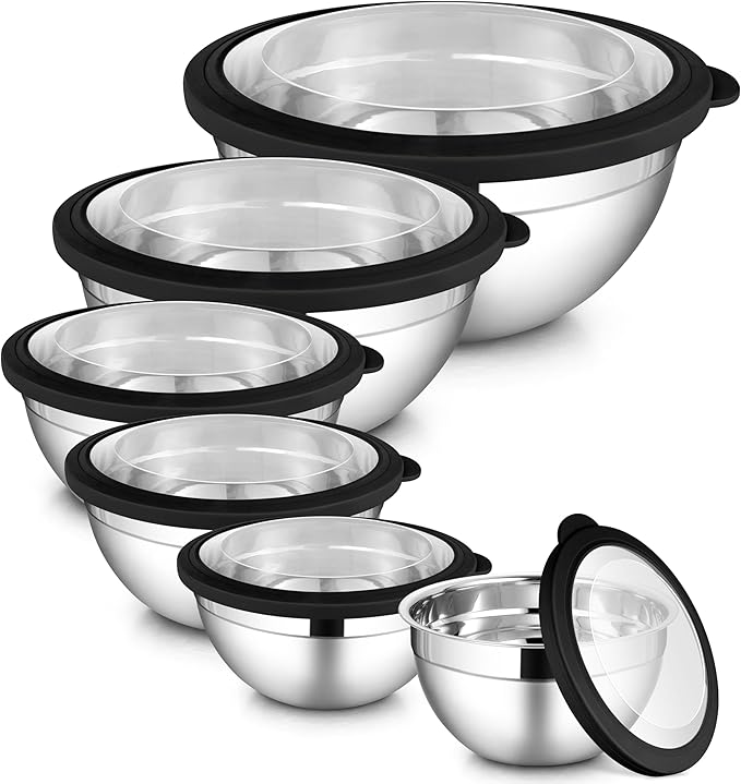 LIANYU Stainless Steel Mixing Bowls Sets of 6, Large 7, 3.5, 2.5, 2, 1.5, 1QT Size with Transparent Airtight Lids, Metal Nesting Serving Bowl Sets for Home Kitchen, Dishwasher & Freezer Safe, Black
