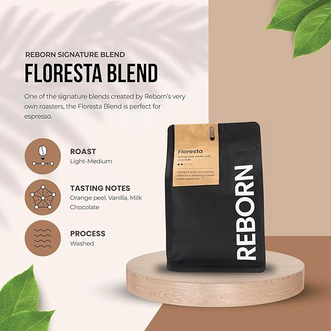 Reborn Coffee Specialty Whole Bean Coffee, Medium Roast, 12 Ounce, Reborn Signature Floresta Espresso Blend, Flavor Notes of Chocolate, Vanilla, and Orange