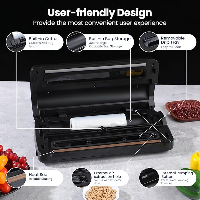 Vacuum Sealer Machine, 7-in-1 Vacuum Sealer for Food with Built-in Cutter and Bag Storage, Dry/Moist/Gentle Mode, Removable Drip tray, Complete Starter Kits