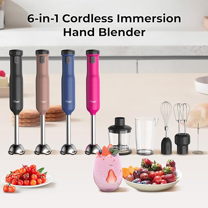 Rosewill 6-in-1 Multi-Speed Cordless Rechargeable Immersion Hand Blender, Heavy Duty Motor - Stick Blender, Beaker, Whisk, Chopper, Dual Beater, Milk Frother - For Smoothies, Baby Food, Soup (Rose)