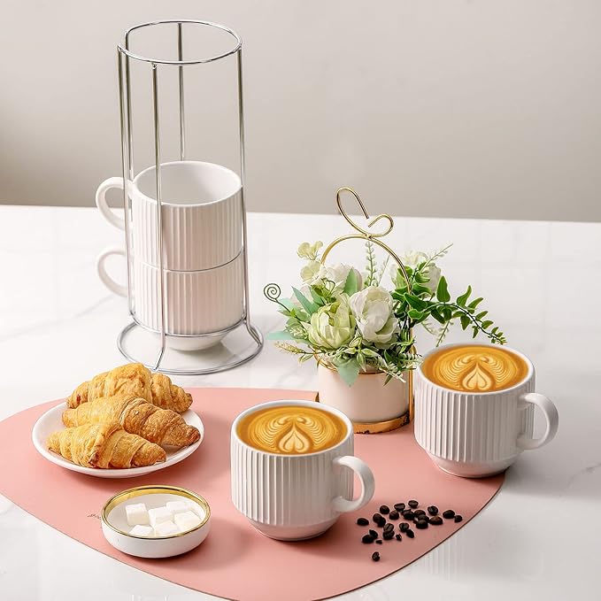 Hasense Coffee Cups Set of 4 with Stand, 15 OZ Stackable Coffee Mugs with Handle for Tea, Cocoa, Cappuccino, Latte and Americano, Porcelain Vertical Stripe Coffee Cups for Men and Women, Pure White