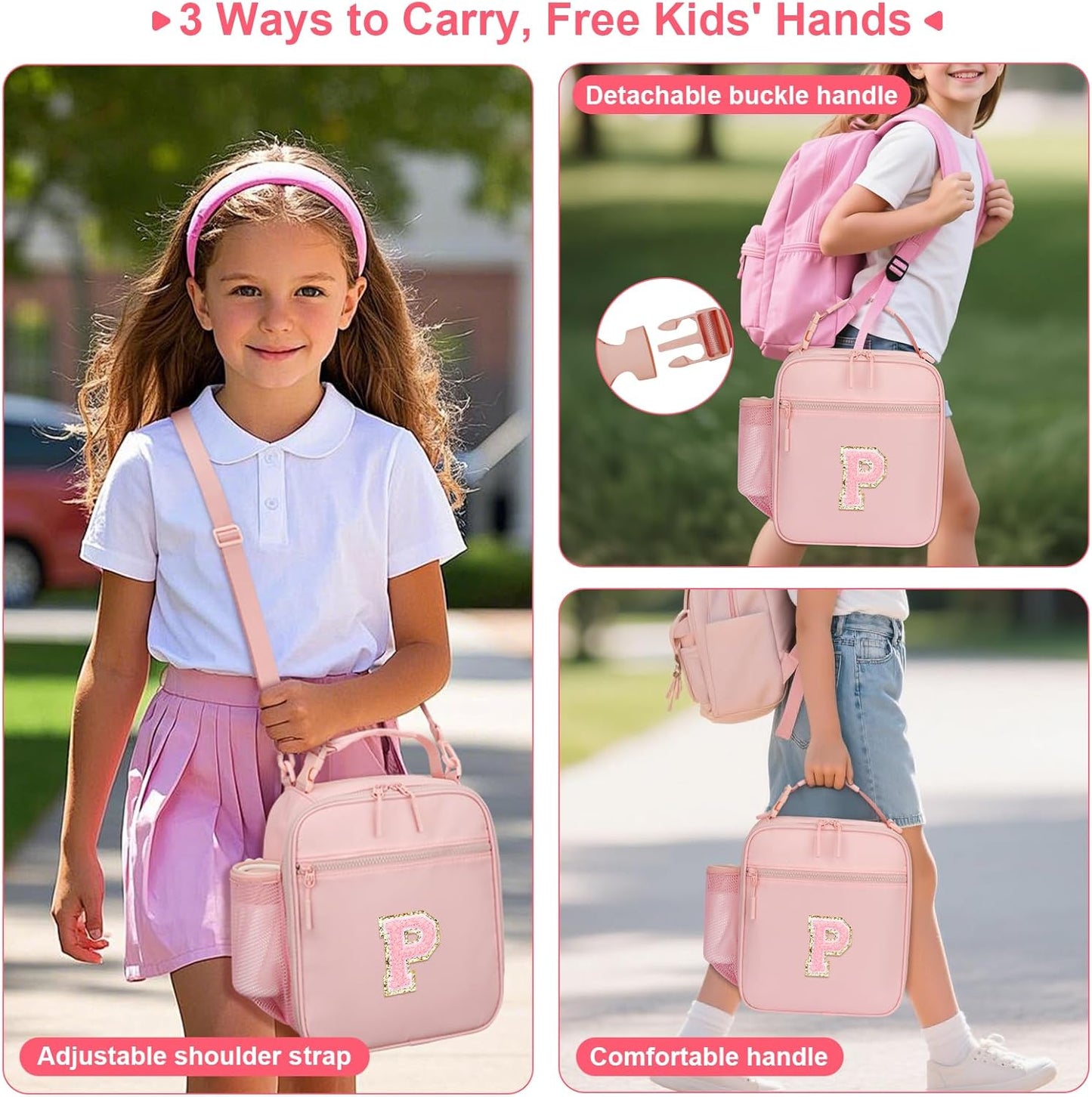 Initial Insulated Lunch Bag for Girls Kids, Back to School Gift, Reusable Leak-proof Lunch Box with Adjustable Strap for School Daycare Travel Picnic (Pink,P)