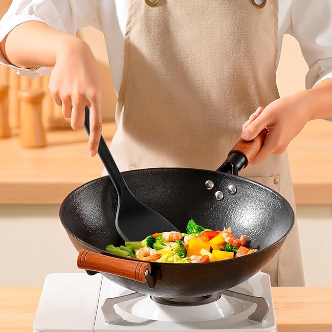 Silicone Kitchen Cooking Utensils Set: MOACC Heat Resistant 13inch Long Kitchen Gadgets, BPA Free Non Stick Rubber Cook Accessories For Food Prep, Frying, Serving, Basting (Black)