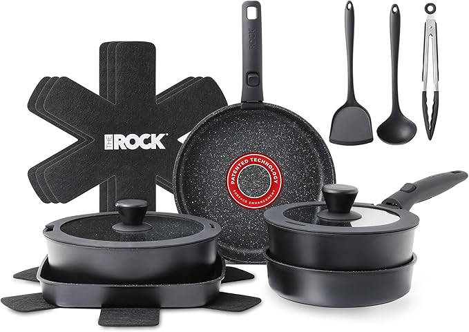 THE ROCK SMART SPACE 16pc Nonstick Pots and Pans Set with ROCK.TEC, Stackable Cookware Set with Detachable Handles, Scratch/Stain/Crack Proof, Induction Ready, Oven & Dishwasher Safe, PFOA-Free, Black