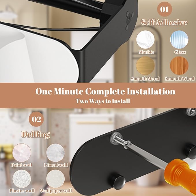 Paper Towel Holder Under Cabinet, Self-Adhesive Hanging Paper Towel Holder with Damping Effect, Under Counter Paper Roll Holder for Kitchen, Bathroom, RV