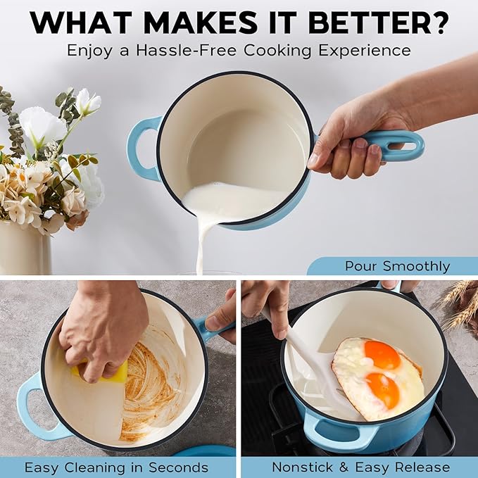 Onader 2 Quart Enameled Cast Iron Saucepan, Small Cast Iron Sauce Pan Pot for Cooking, Enamel Dutch Oven Kitchen Pot – Lake Blue