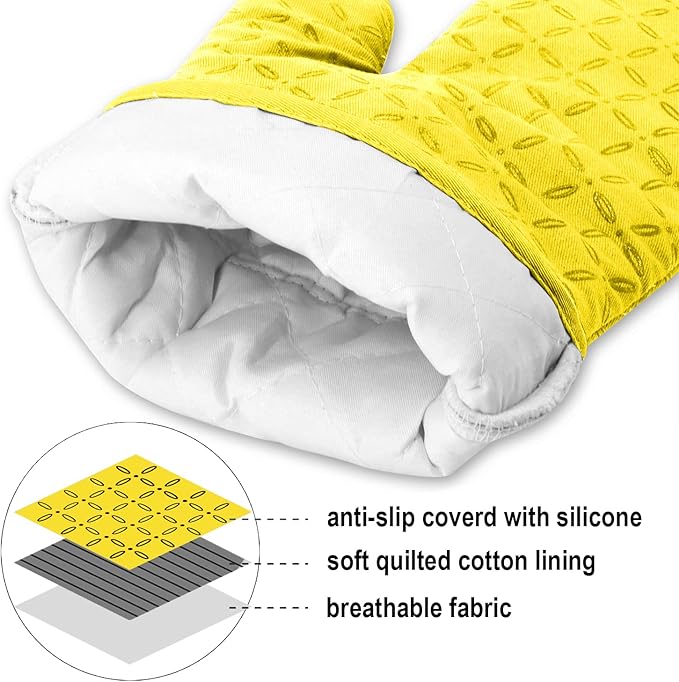 KEGOUU Oven Mitts and Pot Holders 6pcs Set, Kitchen Oven Glove High Heat Resistant 500 Degree Extra Long Oven Mitts and Potholder with Non-Slip Silicone Surface for Cooking (Yellow)