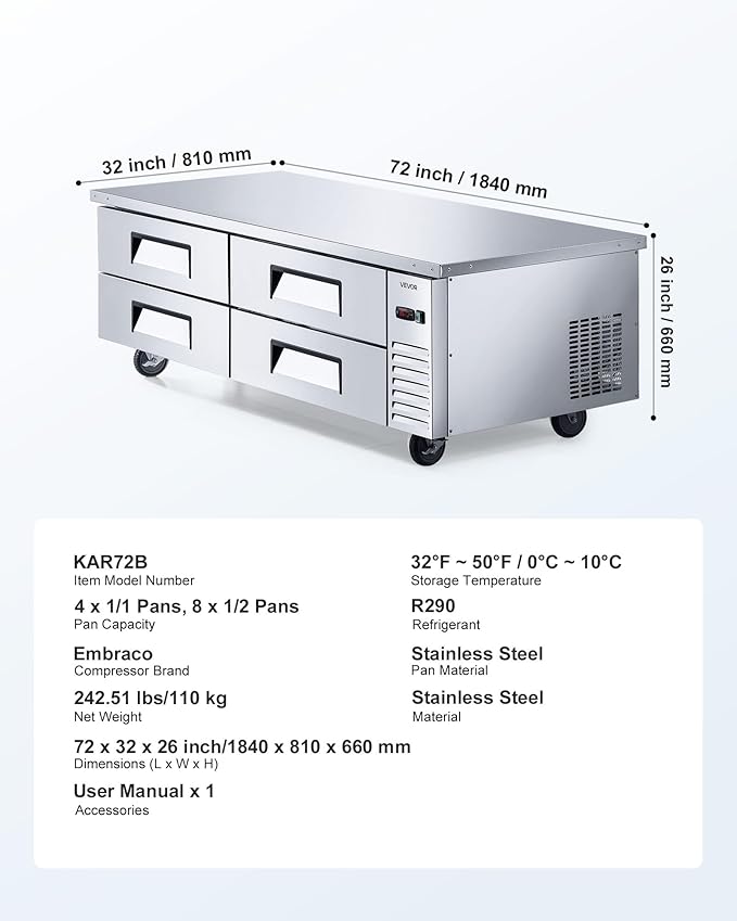 VEVOR Chef Base Refrigerator, 72" W Commercial Chef Bases Worktop Refrigerators, 4-Drawer Under Counter Fridge with 12 Pans Stainless Steel, Heavy-Duty Refrigerated Base, Invisible Door Handle