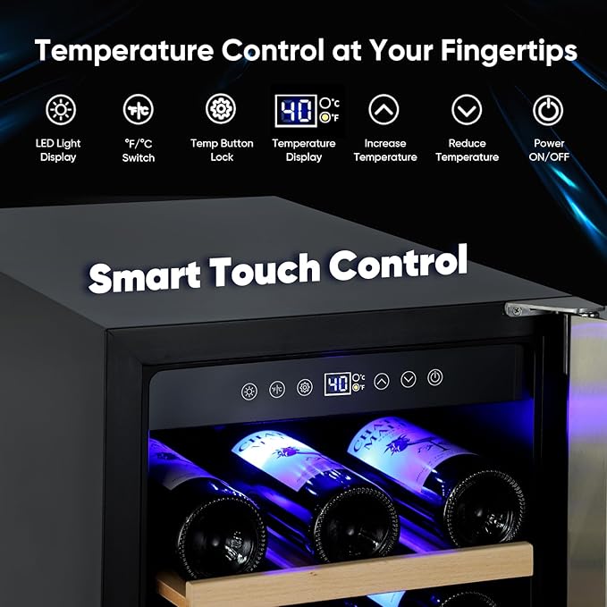 15 Inch Wine Cooler Under Counter, 30 Bottle Wine Fridge with Stainless Steel Glass Door, Built-In or Freestanding Wine Cellar with Removable Shelves and Digital Temperature Control