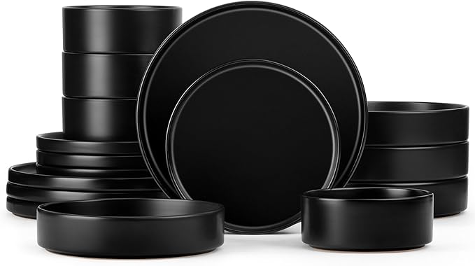 Herogo Dinnerware Sets with Pasta Bowls for 4, 16 Piece Dinner Salad Plates and Cereal Serving Bowls, Stoneware Dishes Dinner Ware for Home Kitchen, Chip & Scratch Resistant, Matte Black