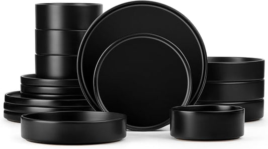 Herogo Dinnerware Sets with Pasta Bowls for 4, 16 Piece Dinner Salad Plates and Cereal Serving Bowls, Stoneware Dishes Dinner Ware for Home Kitchen, Chip & Scratch Resistant, Matte Black