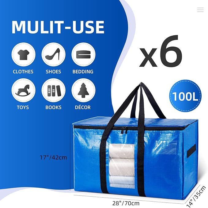 TAILI Extra Large Moving Bags, 6 Pack Blue Heavy Duty Totes for Storage with Visible Window, Wrap Around Handles, Storage Bags for Space Saving, Alternative to Moving Boxes