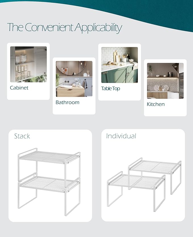 2Pack Kitchen Cabinet Shelf Counter Organizer Rack Pantry Storage Bathroom Bedroom Office Table Desk Space Saving Stackable Rust Resistant Non Slip White Wide L13.1in W10.6in H7.3in