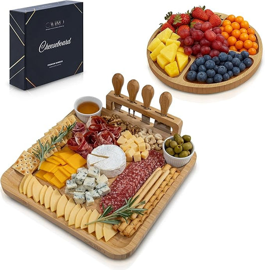 Charcuterie Board Set – Bamboo Cheese Platter with Knives, Bowls & Round Tray – Eco-Friendly Gift for Housewarming, Weddings & Parties – Wood Serving Board for Entertaining