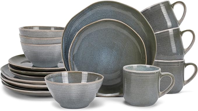 Elanze Designs Reactive Glaze Farmhouse Rustic Boho Ceramic Stoneware Dinnerware 16 Piece Plate Bowl Mug Dish Set - Service for 4, Ocean Teal Blue