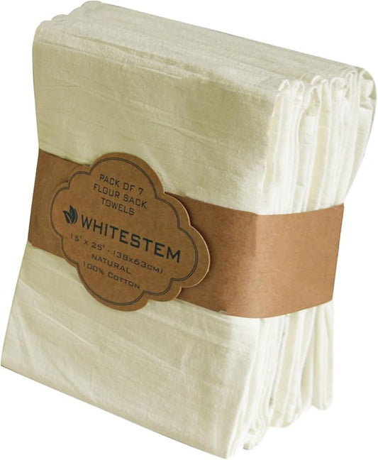 Flour Sack Towels | Tea Towel for Crafts| Kitchen Dish Cotton Blank Towel for Embroidery| Baking Bread Proofing Linen Cover| Thick Absorbent Quick Dry | 7 Pack 15"x25" Natural