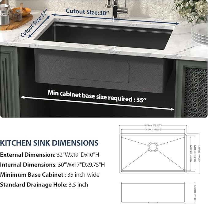 Lordear 32 Undermount Kitchen Sink 32X19 Inch Sinks Ledge Workstation Gunmetal Black 16 Gauge Stainless Steel Single Bowl Under Counter Kitchen Sink Basin with Built- in Accessories
