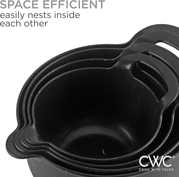 COOK WITH COLOR Nesting Plastic Mixing Bowl Set with Pour Spouts and Handles, Black Speckled, 4 Piece Non-Slip