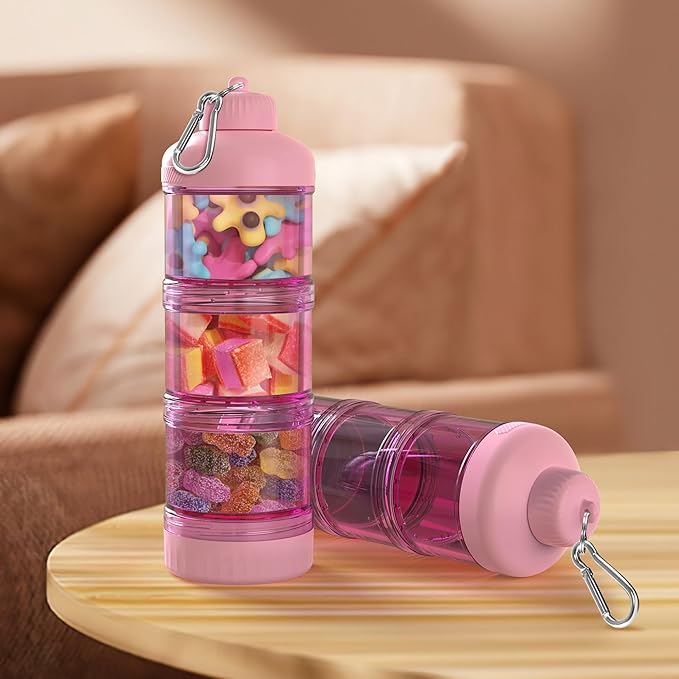 BYLWORKOUT 3-Layer Protein Powder Travel Container with Funnel and Keychain | Portable Food Storage Organizer for Gym, Fitness, Kitchen, Camping, Hiking, and Travel (Pink)