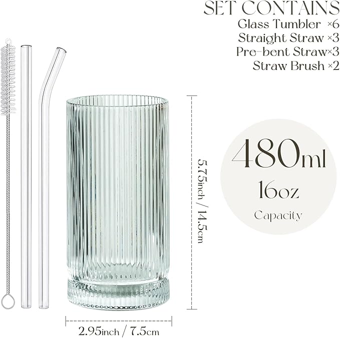 KEMORELA Ribbed Glassware Set of, Origami Style 16 Oz XL Drinking Glasses with Straws, Vintage Glassware Set - Glass Cups, Iced Coffee Cups Perfect for Cocktails, Smoothies, Juice, Beer (6Pcs)