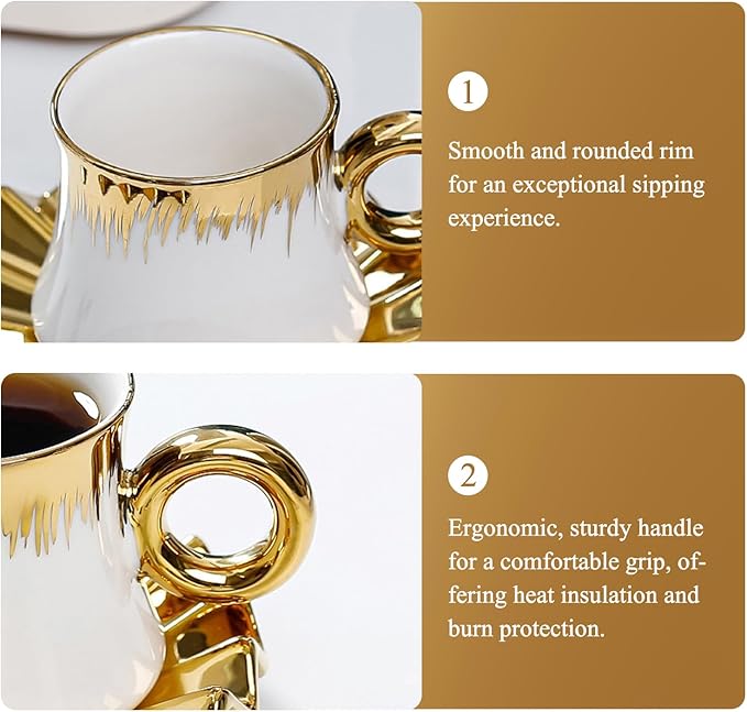 Turkish Coffee Cup - Tea Cups and Saucers Set of 6 with Gold Trim and Gift Box, 3.5oz Ceramic Cups for Turkish&Arabic Coffee, Cappuccino, Latte, Mocha, Au Lait, Double Espresso, Dishwasher Safe