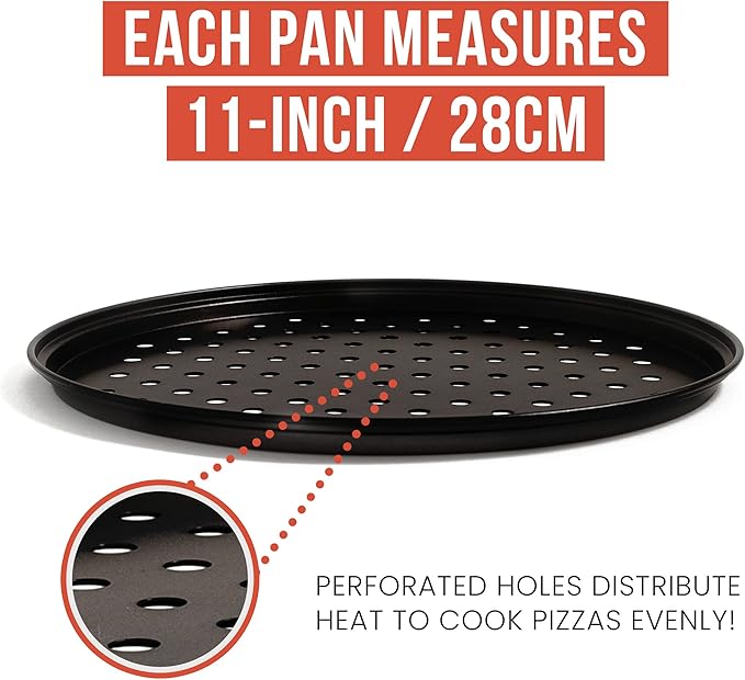 Chef Pomodoro Pizza Baking Set with 3 Pizza Pans and Pizza Rack, (11-Inch Pans), Non-stick Perforated Pizza Trays for Oven, Grill, Pizza Pan with Holes, Pizza Pan for Oven, Barbeque, Bakeware Supplies