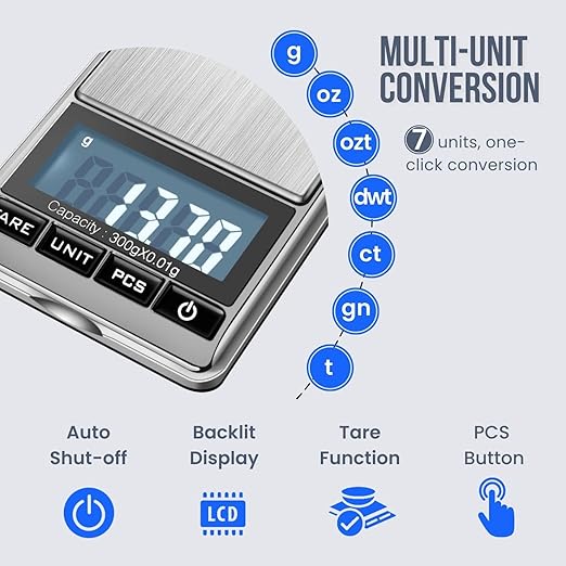 Flexzion Jewelry Small Digital Scale .01 Gram Accuracy - Portable Digital Jewelry Scale Gram & Ounces with 300g Weight Capacity - Micro Scale for Herbs, Gold, Coins with Multi-Unit Conversion