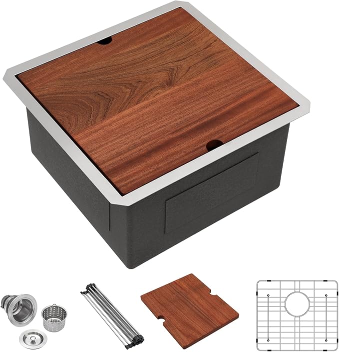 LORDEAR 18 inch Undermount Bar Sink Workstation - 18x19x10 Inch Bar Prep Sink 16 Gauge Stainless Steel Single Bowl Handmade RV Outdoor BBQ Camper Sink with Full Cutting Board