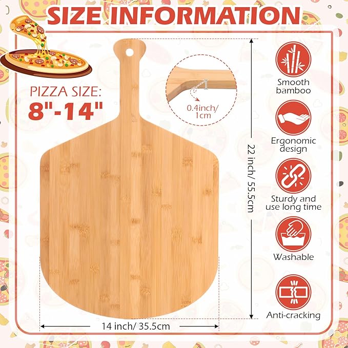 Norme 6 Pcs Bamboo Pizza Peel Set, Wooden Pizza Paddle with Handle, Wood Cutting Board, Oven Accessory for Breads, Cheese, Fruit, Vegetables, Kitchen Accessories(21.9 x 14 Inch)