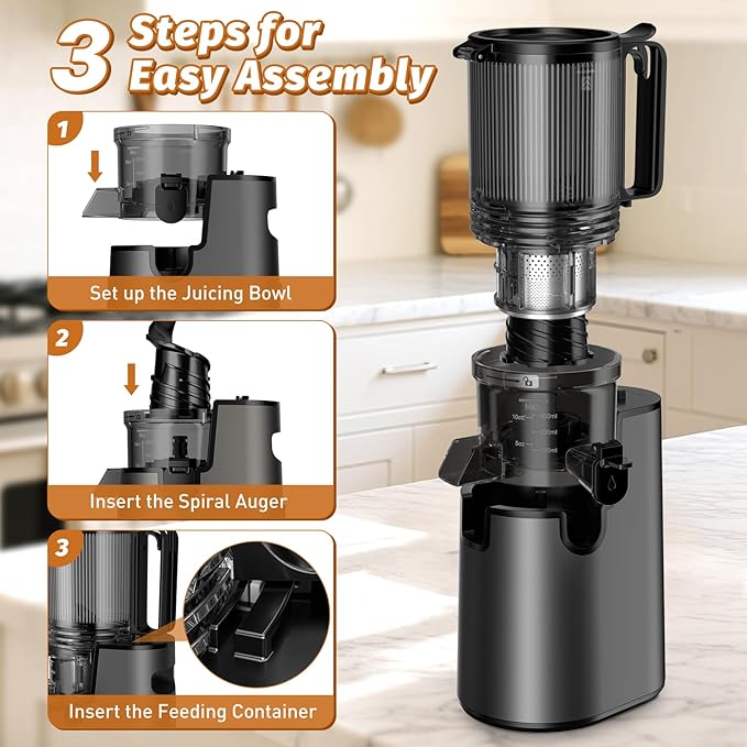 Cold Press Juicer, Juicer Machines with 5.4" Wide Feed Chute for Juice Extractor, Slow Masticating Juicer for Vegetables & Fruits with High Juice Yield, Easy to Clean (Black)