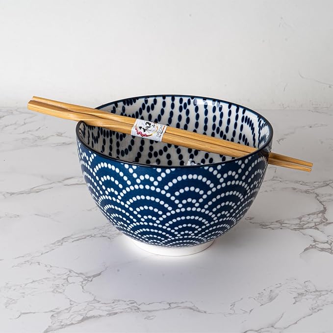 Urban Tokyo Porcelain Japanese Motif Design Ramen Udon Noodle Rice Bowl With Chopsticks 20 fl oz 6 inch Diameter Bowl Sets Color Box Packaging (Seigaiha Waves)