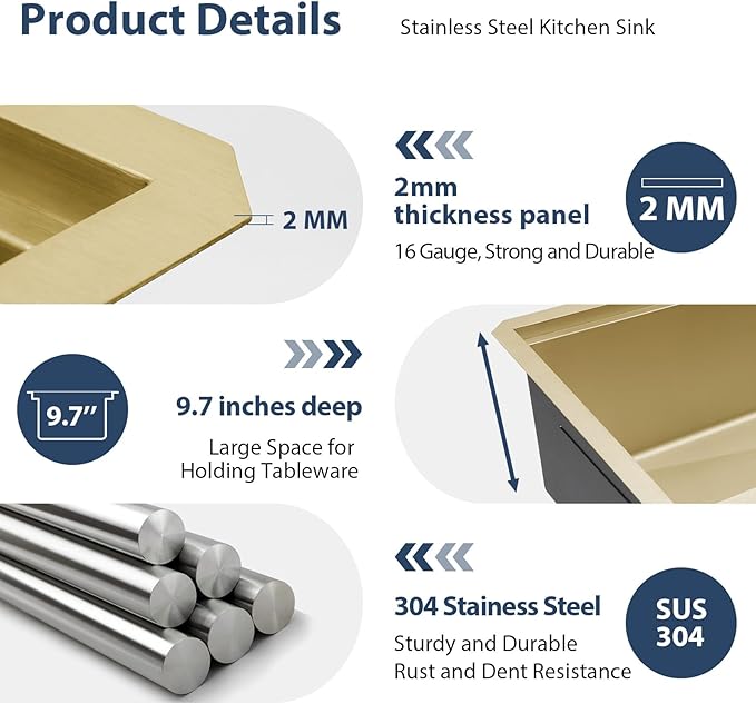 Lordear 28 Undermount Kitchen Sink Gold Stainless Steel 16 Gauge Under Counter Workstation Sink Single Bowl 304 Stainless Steel One Basin Handmade Sinks