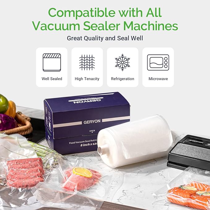 GERYON Vacuum Sealer Bags for Food, 8x120ft Rolls with Slide Cutter for All Vacuum Sealer Machine, BPA-Free, Safe for Food Storage, Meal Prep and Sous Vide