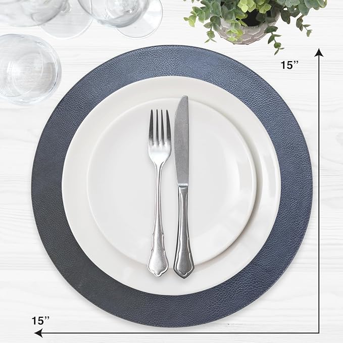 Morgan Faux Leather Set of 12 Placemats, 15" Round, Navy, Heat Resistant, Stain Resistant, Non-Slip, Reversible, Durable Table Mats for Kitchen, Dining Table, Indoor Washable Use