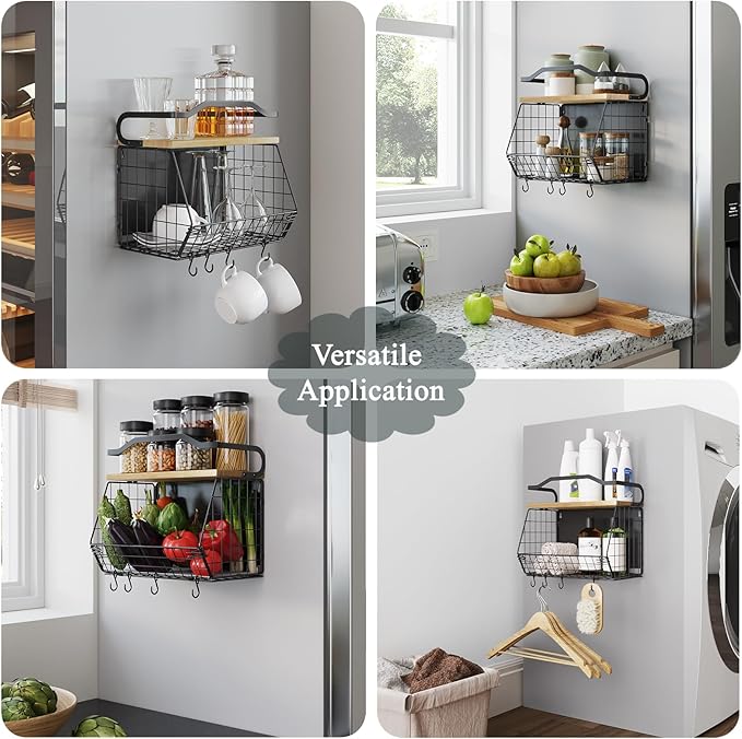 Magnetic Shelf for Fridge with Wood Lid, Heavy Duty Fruit Basket, Fruit Potato and Onion Storage Bins, Magnetic Spice Rack for Refrigerator, Black Hanging Wire Basket for Kitchen Counter