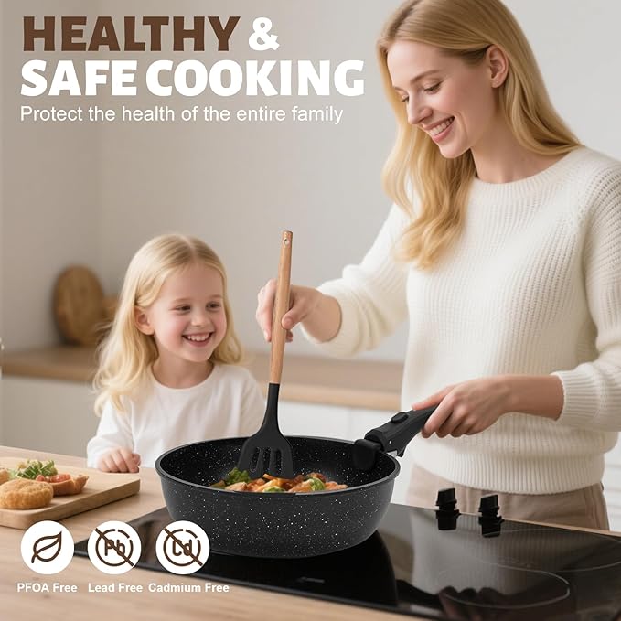 Numola 10 pcs Pots and Pan Set Non Stick with Detachable Handle, Ceramic Cookware Set for Stackable, Induction Kitchen Cookware Set for RV, Dishwasher ＆ Oven Safe, Black