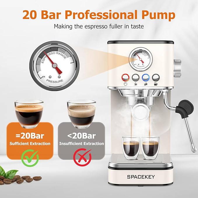 Spacekey Espresso Machine 20 Bar, Espresso Maker with Milk Frother Steam Wand, Stainless Steel Espresso Coffee Machines for Home, Cappuccino, Latte Maker with 58oz Removable Water Tank, White