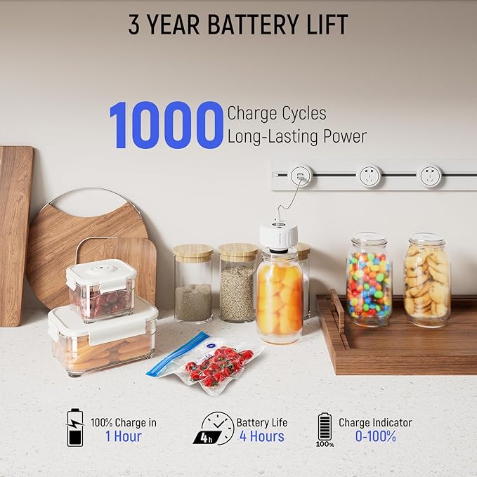 Mason Jar Vacuum Sealer Kit, 3-in-1 Auto-Stop Jar Sealer for Mason Jars, Bags & Food Containers, 1H Fast Charge, 4H Battery Life, Up to 250 Seals, Mason Jar Sealer in 7s, Easy One-Handed Operation