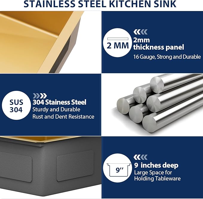Lordear Gold Undermount Bar Sink 15x18x9 Inch Kitchen Sink Workstation 16 Gauge Stainless Steel Small Single Bowl