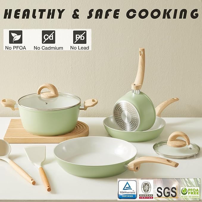Green Non Stick Pots and Pans Set, Healthy Ceramic Cookware Set, 12pcs Kitchen Cooking Pots and Frying Sauce Saute Pans Set, PFAS-Free with Kitchen Utensils and Lid, Avocado