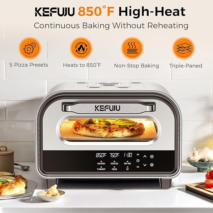 Pizza Oven Indoor, Makes 12 Inch Pizzas in 90s at 850°F, Countertop Electric Pizza Oven with Continuous Baking Without Reheating, Pizza Cooker with 6 Preset Modes, Pizza Stone & Peel Included