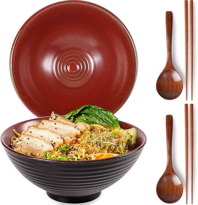 NUTRIUPS 8 Inch Ceramic Ramen Bowl Set of 2 Pho Bowls 40oz Japanese Noodle Udon Soup Bowls with Spoons and Chopsticks (Rusty Red Brown)