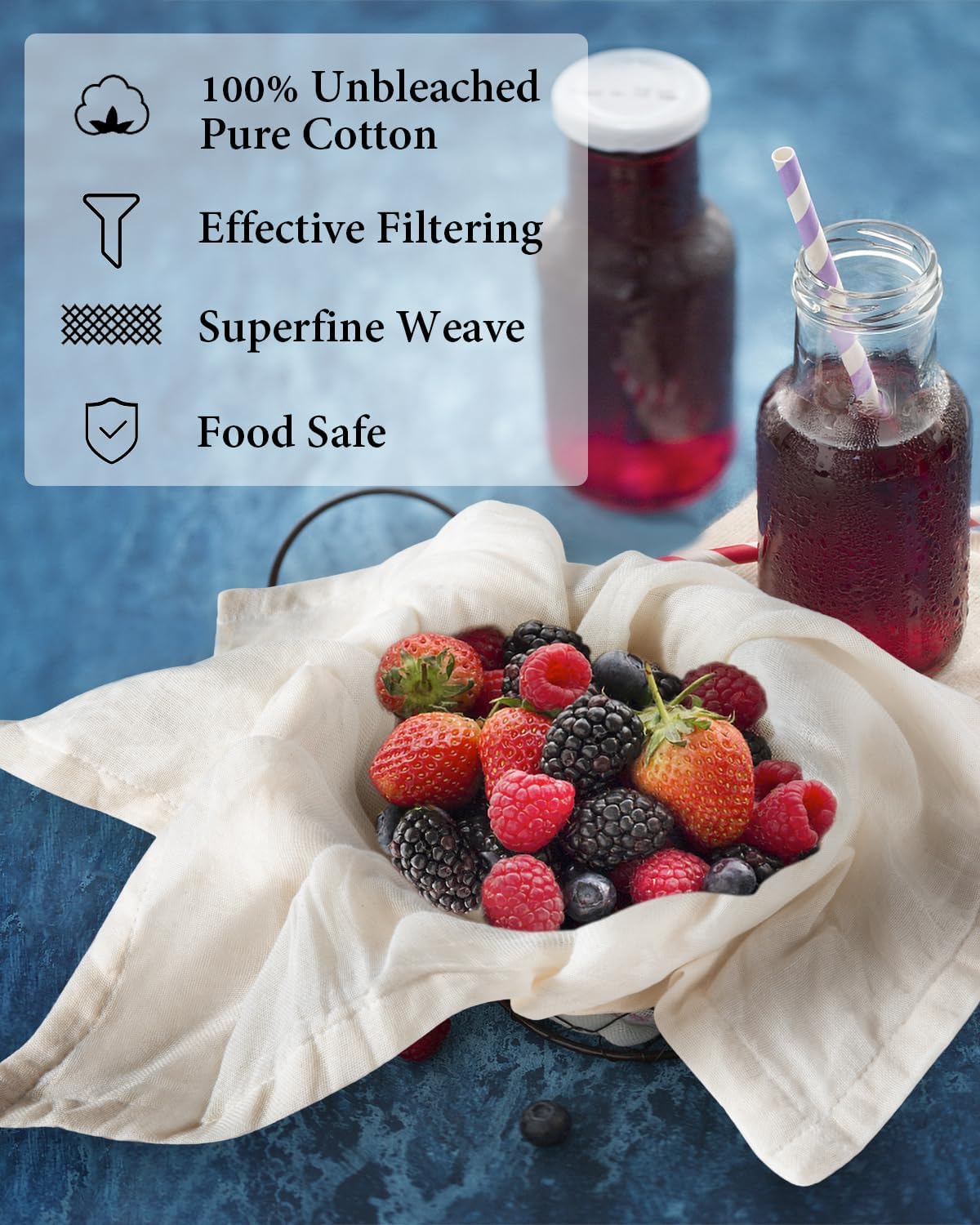 eFond Cheese Cloths | 5-Pack, 20x20Inch Squares with Hemmed Edges | Grade 100 Ultra Fine Reusable Cheesecloth for Straining | Unbleached Cotton Muslin Cloths | For Nut Milk, Butter, Baking & Cooking