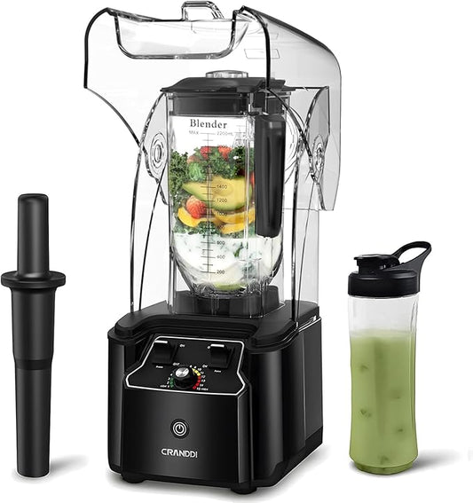 CRANDDI Commercial Quiet Blender, 2200 Watt Professional Countertop Blender with BPA-FREE 80oz Pitcher, Built-in Pulse & 15-speeds Control, Smoothie Blender for Commercial and Home, K90 Black