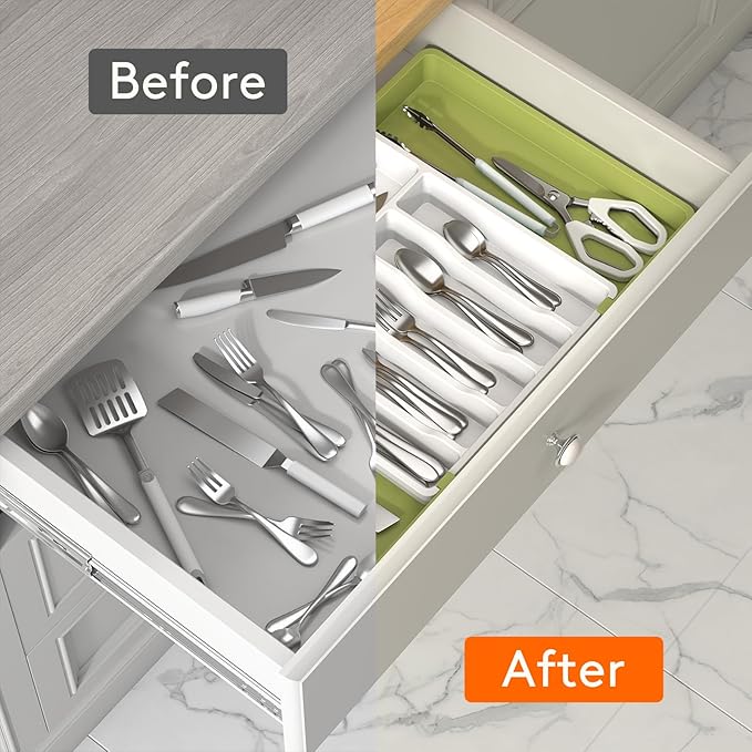Lifewit Silverware Drawer Organizer, Expandable Utensil Tray for Kitchen, BPA Free Flatware and Cutlery Holder, Adjustable Plastic Storage for Spoons Forks Knives, Large, Green&White