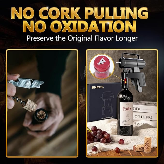 SKEOS Electric Wine Opener, Needle Piercing Vacuum Wine Bottle Opener for Smooth Extraction, No Cork Damage, Vacuum Seal Freshness, Perfect for Wine Lovers, Black